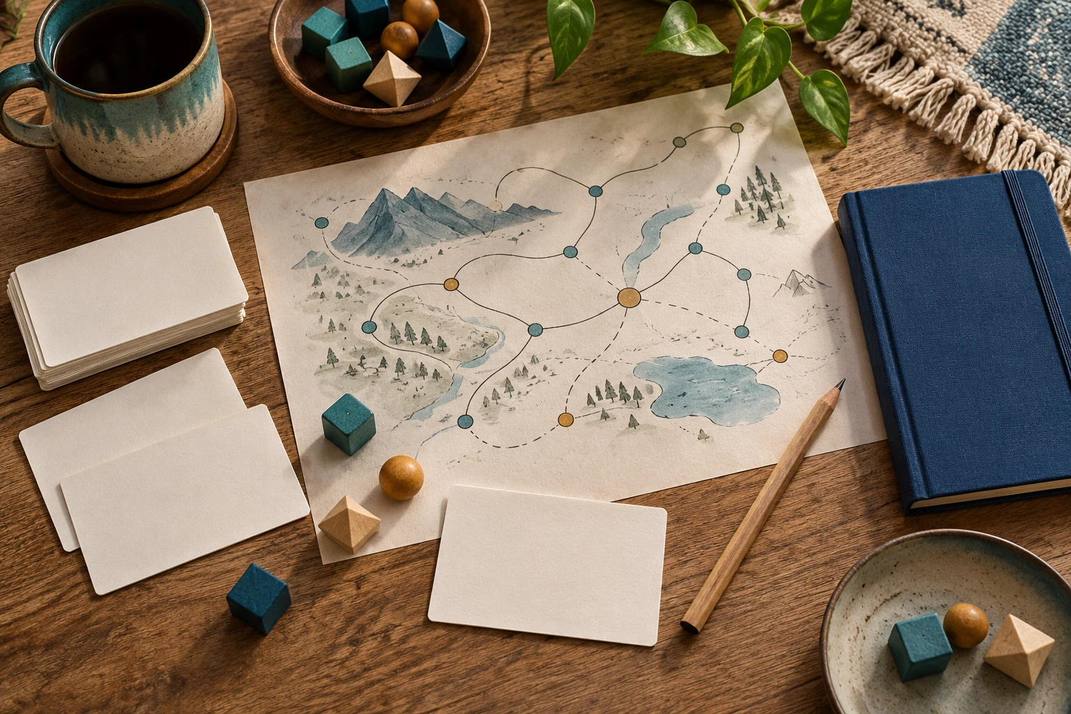 Blank planning cards and geometric tokens around a fictional game-map sketch.